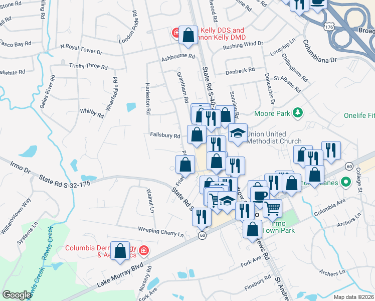 map of restaurants, bars, coffee shops, grocery stores, and more near 305 Friarsgate Boulevard in Irmo