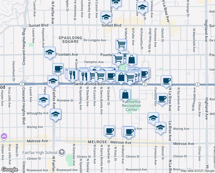 map of restaurants, bars, coffee shops, grocery stores, and more near 7504 Santa Monica Boulevard in West Hollywood