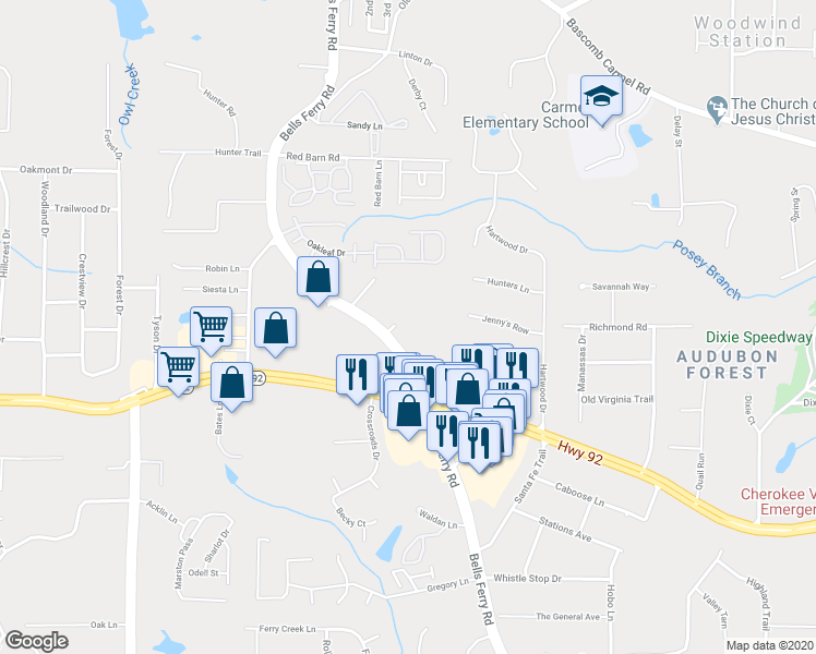 map of restaurants, bars, coffee shops, grocery stores, and more near 5742 Bells Ferry Road in Acworth