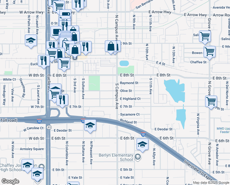 map of restaurants, bars, coffee shops, grocery stores, and more near 690 Olive Street in Upland