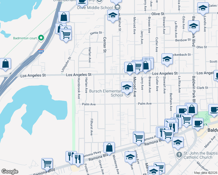 map of restaurants, bars, coffee shops, grocery stores, and more near 4309 Center Street in Baldwin Park