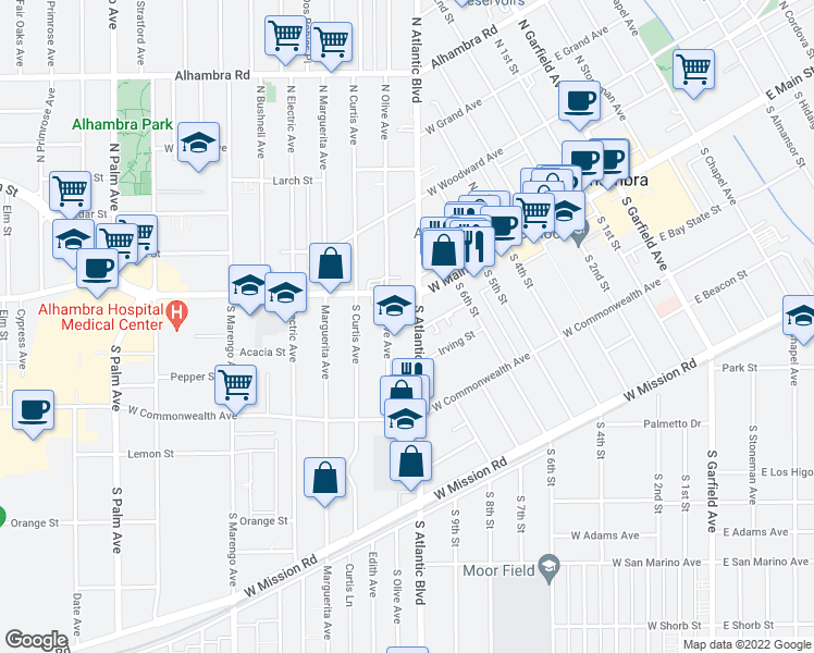map of restaurants, bars, coffee shops, grocery stores, and more near 20s South Olive Avenue in Alhambra