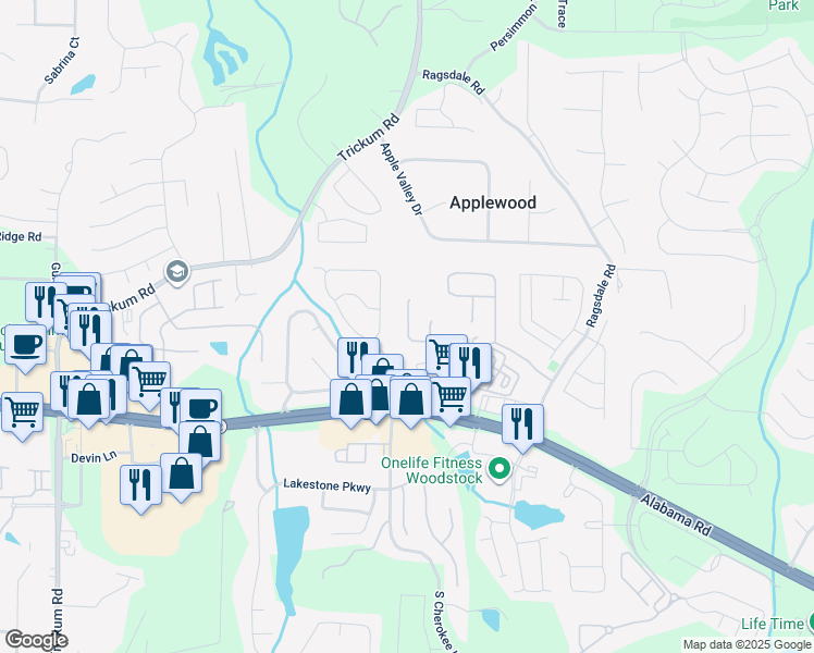 map of restaurants, bars, coffee shops, grocery stores, and more near 169 Village Trace in Woodstock
