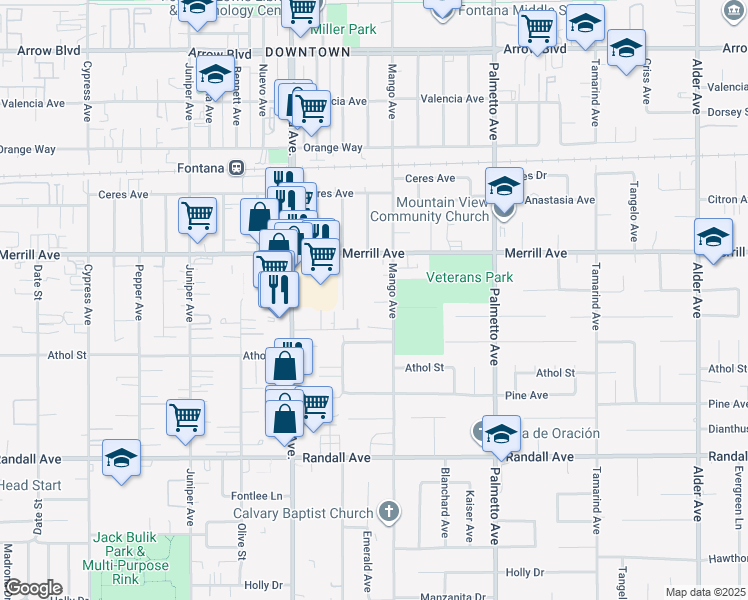 map of restaurants, bars, coffee shops, grocery stores, and more near 8998 Mango Avenue in Fontana