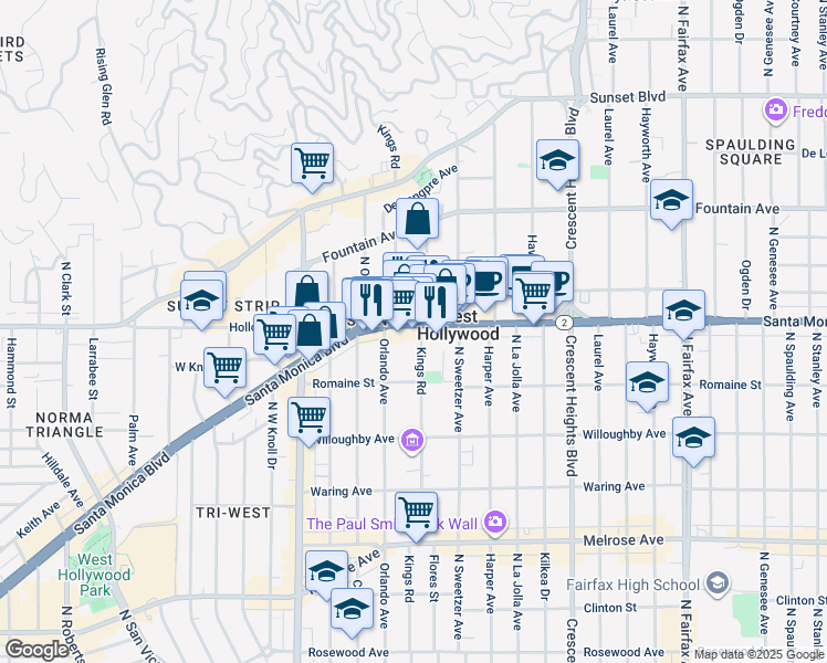 map of restaurants, bars, coffee shops, grocery stores, and more near 8350 Santa Monica Boulevard in West Hollywood