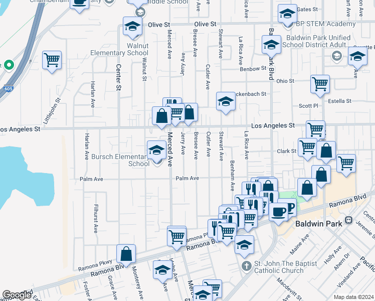 map of restaurants, bars, coffee shops, grocery stores, and more near 4308 Jerry Avenue in Baldwin Park