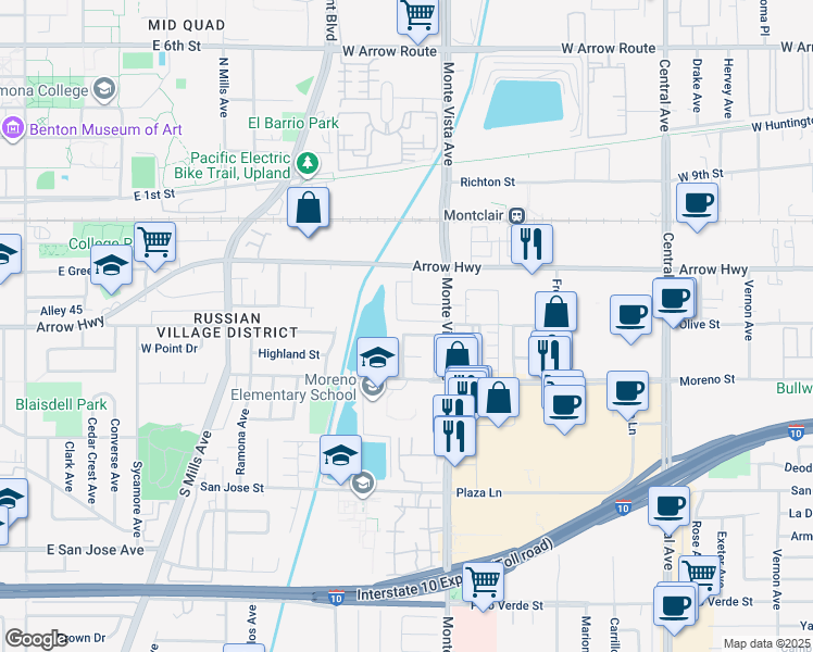 map of restaurants, bars, coffee shops, grocery stores, and more near 4832 Olive Street in Montclair