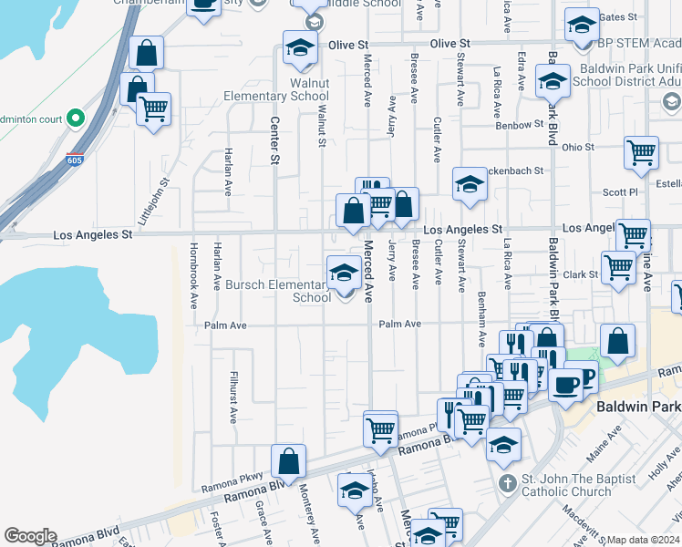 map of restaurants, bars, coffee shops, grocery stores, and more near 4304 Walnut Street in Baldwin Park
