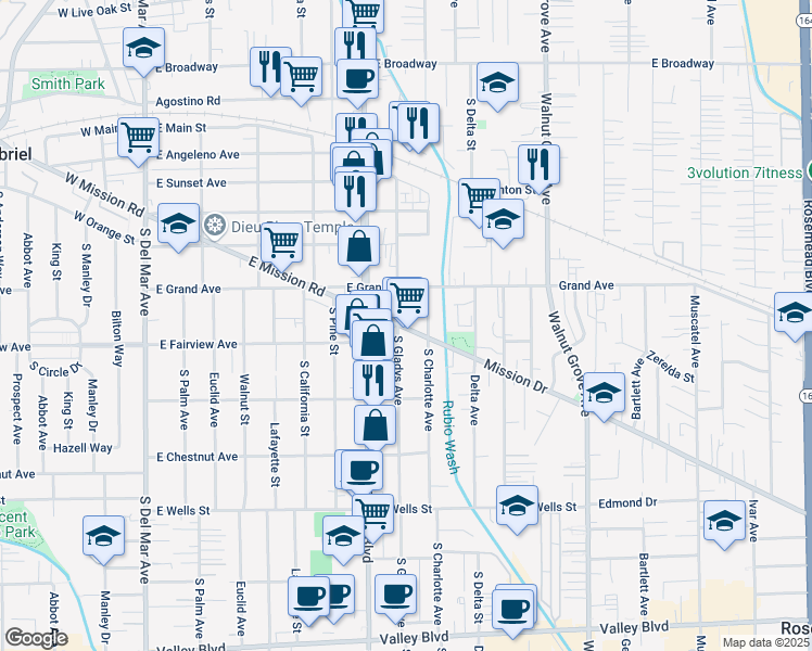 map of restaurants, bars, coffee shops, grocery stores, and more near 841 East Mission Road in San Gabriel