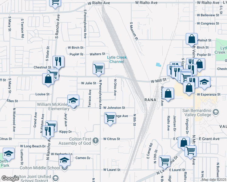 map of restaurants, bars, coffee shops, grocery stores, and more near 2007 North Ohio Avenue in Colton