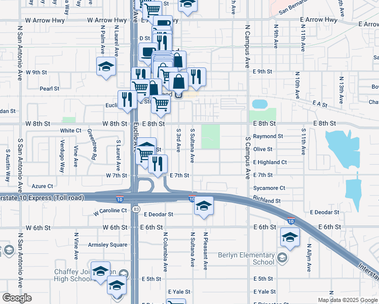 map of restaurants, bars, coffee shops, grocery stores, and more near 305 South Sultana Avenue in Upland
