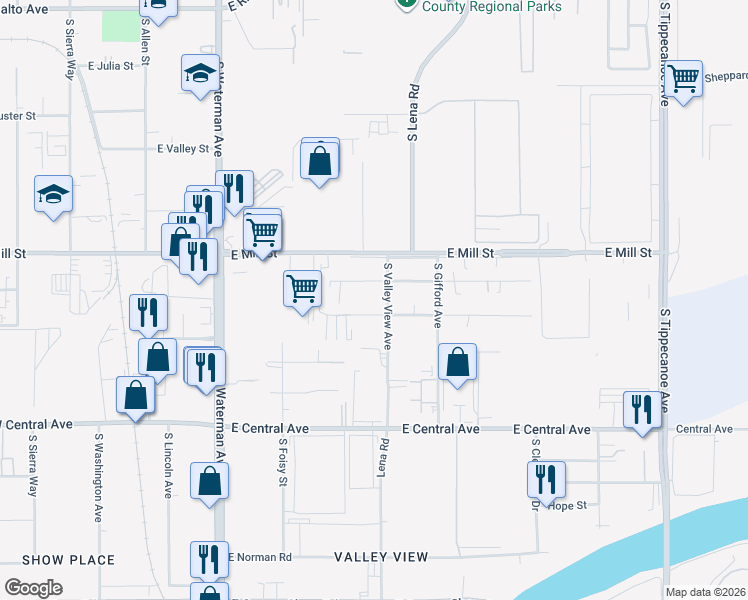 map of restaurants, bars, coffee shops, grocery stores, and more near 586 South Valley View Avenue in San Bernardino