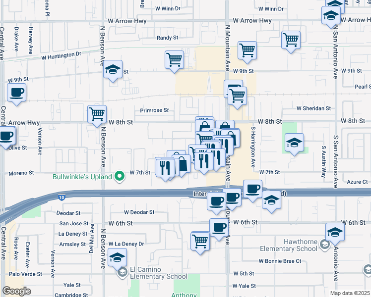 map of restaurants, bars, coffee shops, grocery stores, and more near 300 Stillman Avenue in Upland