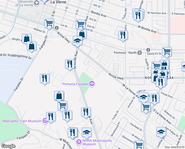 map of restaurants, bars, coffee shops, grocery stores, and more near 738 Lasena Court in Pomona