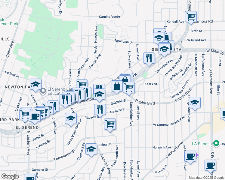 map of restaurants, bars, coffee shops, grocery stores, and more near 5366 Huntington Drive North in Los Angeles
