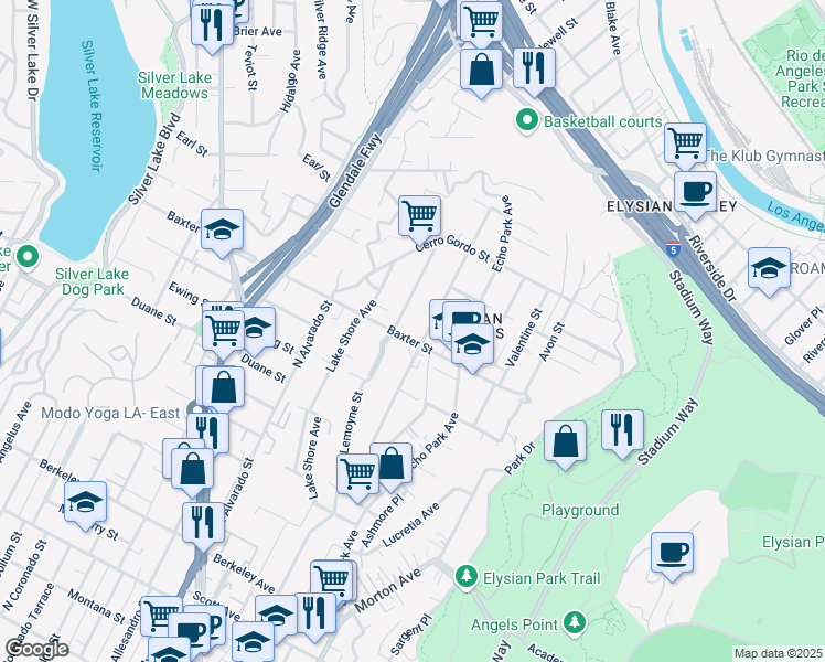 map of restaurants, bars, coffee shops, grocery stores, and more near 2106 Lemoyne Street in Los Angeles