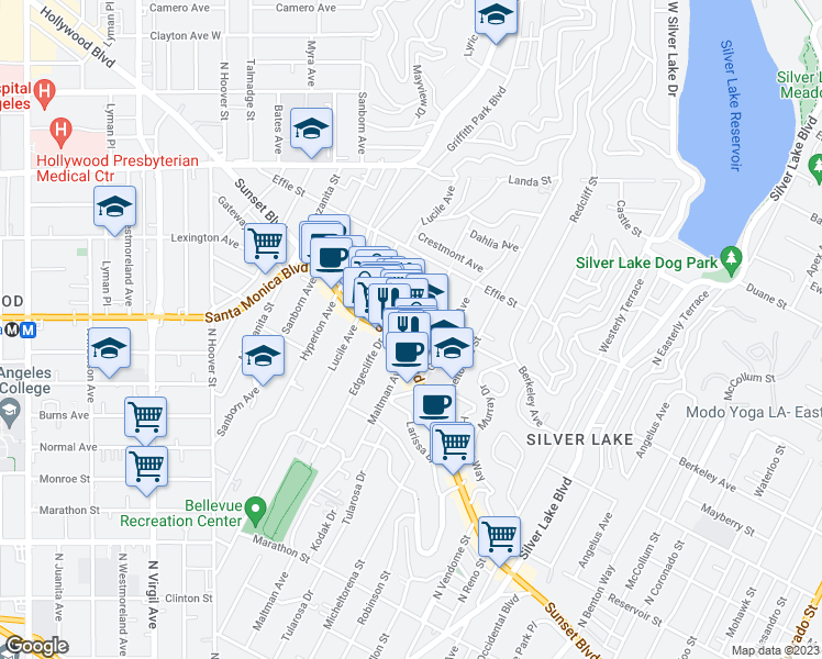 map of restaurants, bars, coffee shops, grocery stores, and more near 1533 1/2 Maltman Avenue in Los Angeles
