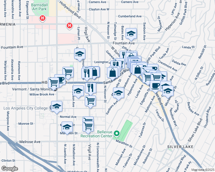map of restaurants, bars, coffee shops, grocery stores, and more near in Los Angeles