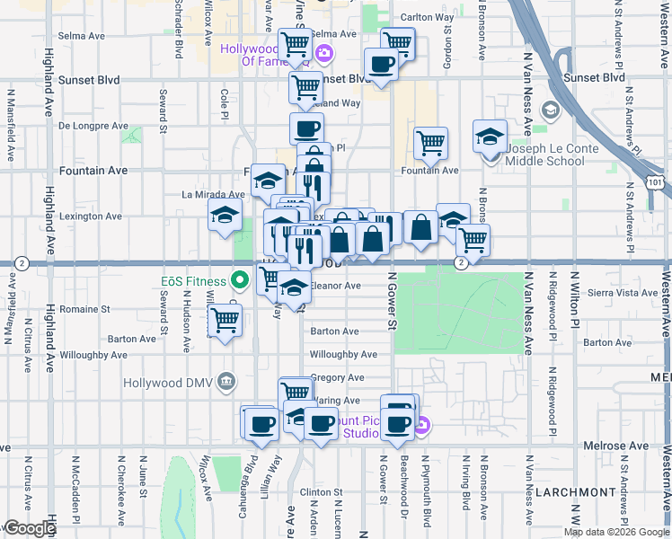map of restaurants, bars, coffee shops, grocery stores, and more near in Los Angeles