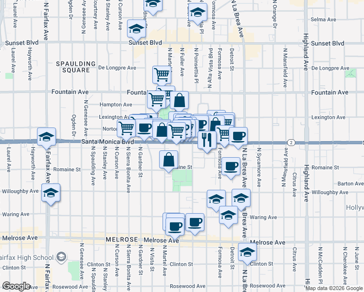 map of restaurants, bars, coffee shops, grocery stores, and more near in West Hollywood