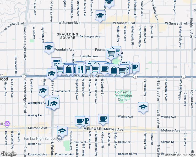 map of restaurants, bars, coffee shops, grocery stores, and more near 1065 North Sierra Bonita Avenue in West Hollywood