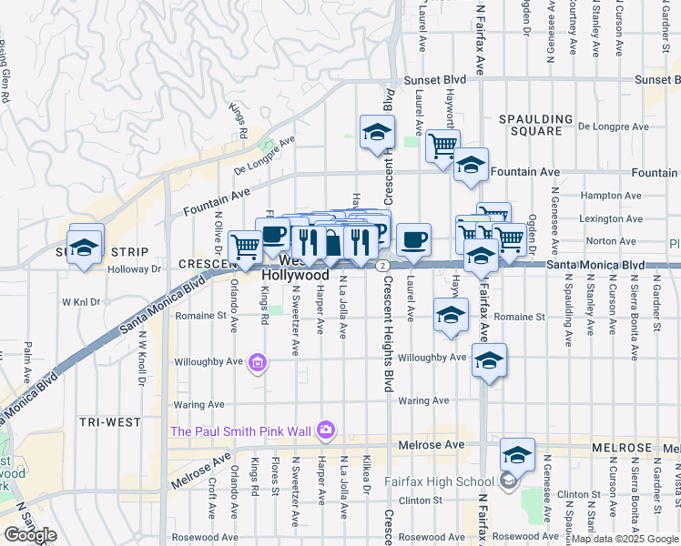 map of restaurants, bars, coffee shops, grocery stores, and more near 8224 Santa Monica Boulevard in West Hollywood
