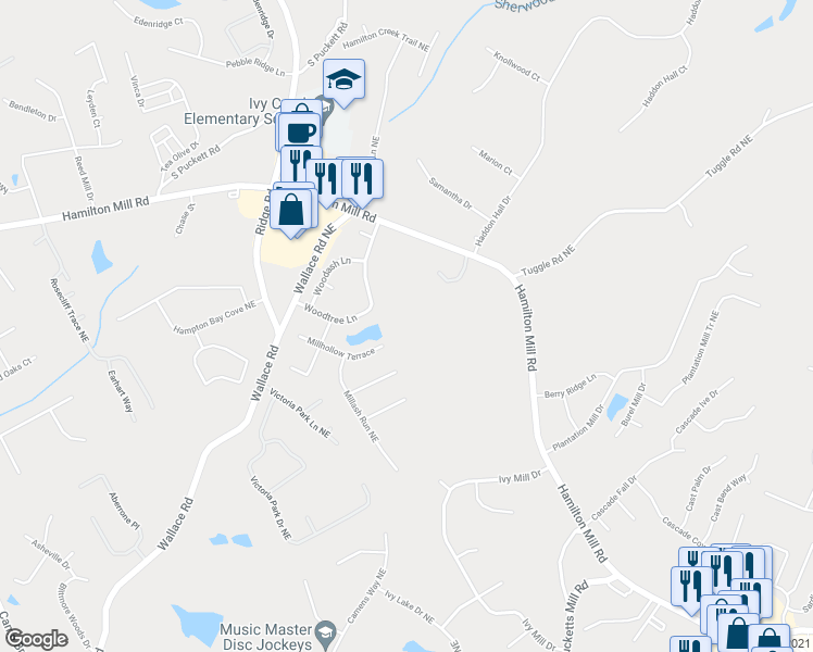 map of restaurants, bars, coffee shops, grocery stores, and more near 3352 Millhollow Terrace in Buford