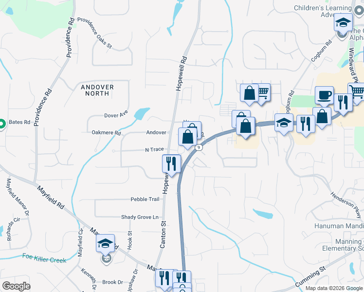 map of restaurants, bars, coffee shops, grocery stores, and more near 2102 Windrush Lane in Alpharetta