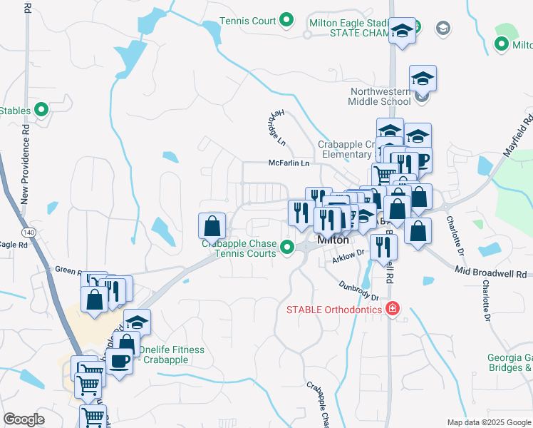 map of restaurants, bars, coffee shops, grocery stores, and more near 560 Branyan Trail in Alpharetta