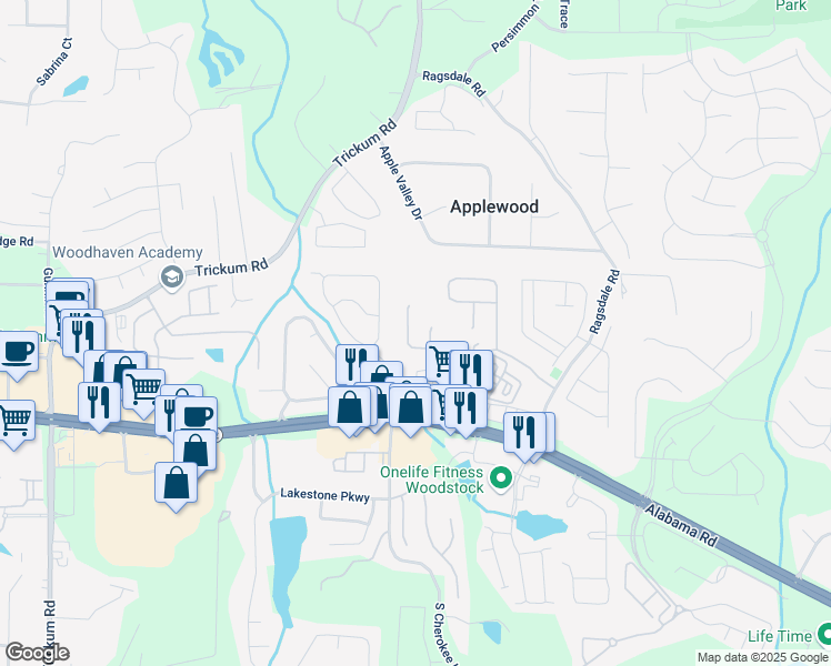 map of restaurants, bars, coffee shops, grocery stores, and more near 169 Village Trace in Woodstock