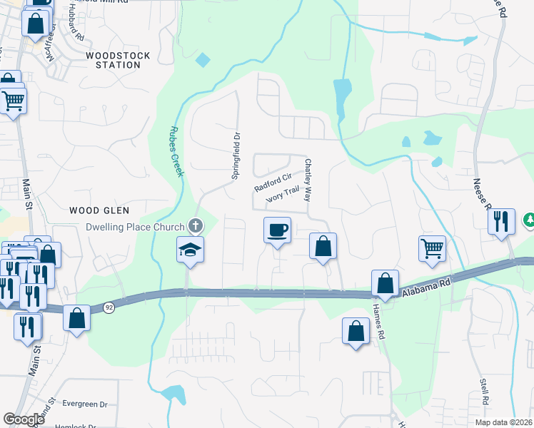 map of restaurants, bars, coffee shops, grocery stores, and more near 644 Radford Circle in Woodstock