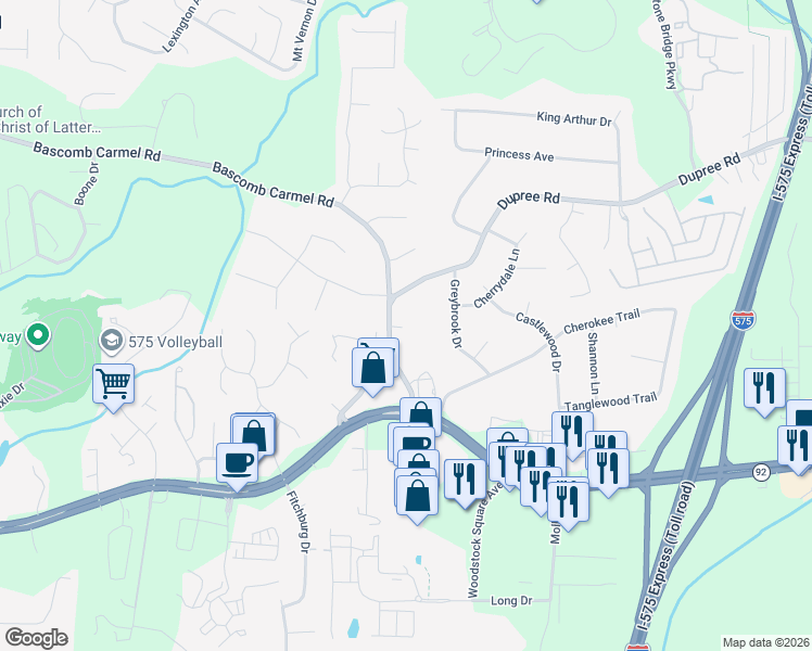 map of restaurants, bars, coffee shops, grocery stores, and more near 2024 Bascomb Carmel Road in Woodstock