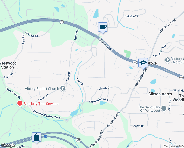 map of restaurants, bars, coffee shops, grocery stores, and more near 2606 Ramblewood Court in Acworth