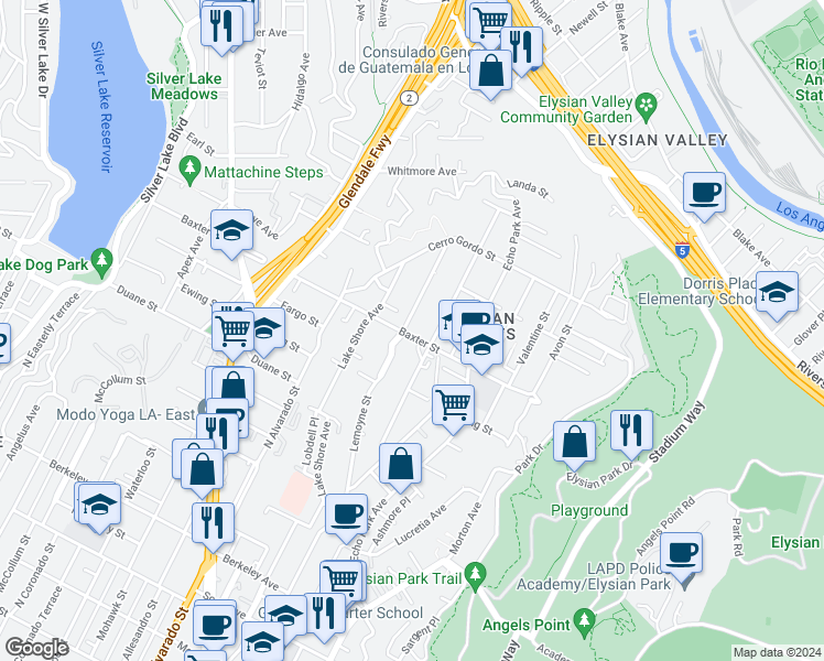 map of restaurants, bars, coffee shops, grocery stores, and more near 2106 Lemoyne Street in Los Angeles