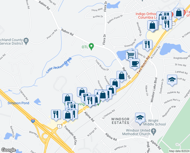 map of restaurants, bars, coffee shops, grocery stores, and more near 161 Horseshoe Circle in Columbia