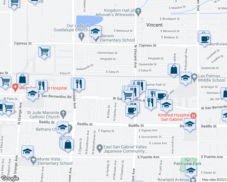 map of restaurants, bars, coffee shops, grocery stores, and more near 4227 North Hartley Avenue in Covina