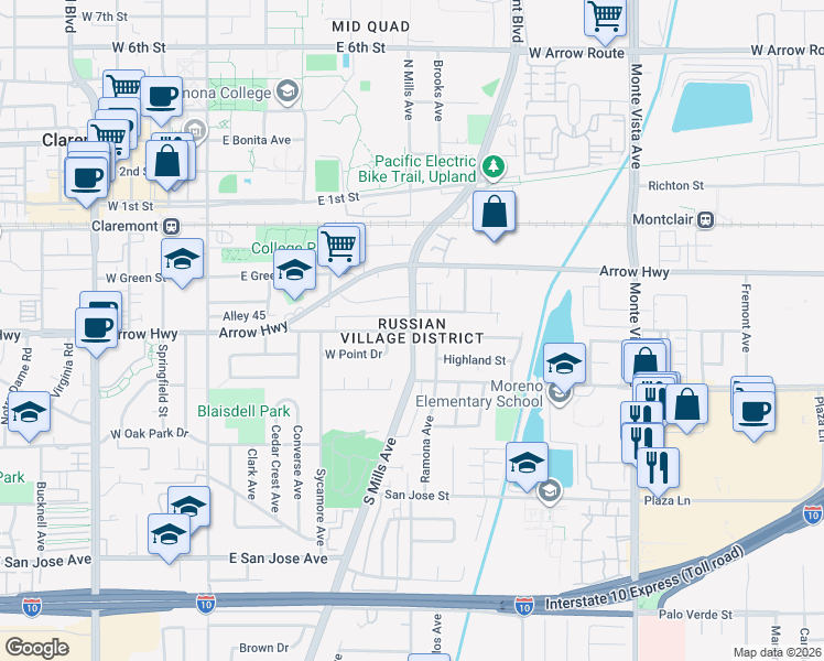 map of restaurants, bars, coffee shops, grocery stores, and more near in Claremont