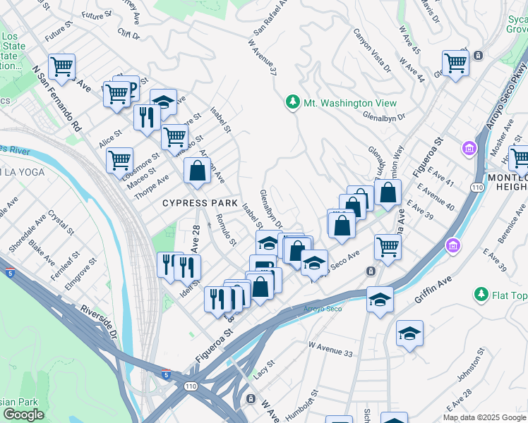 map of restaurants, bars, coffee shops, grocery stores, and more near 3501 Glenalbyn Drive in Los Angeles