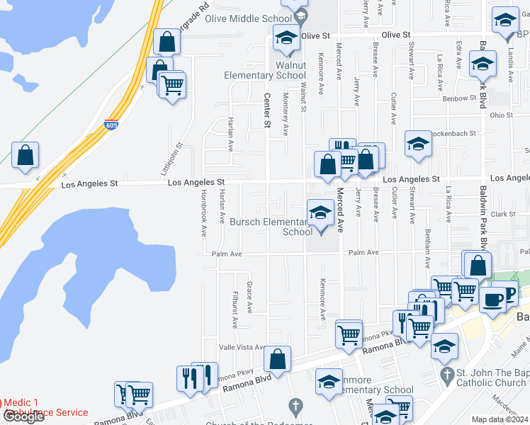 map of restaurants, bars, coffee shops, grocery stores, and more near 4309 Center Street in Baldwin Park