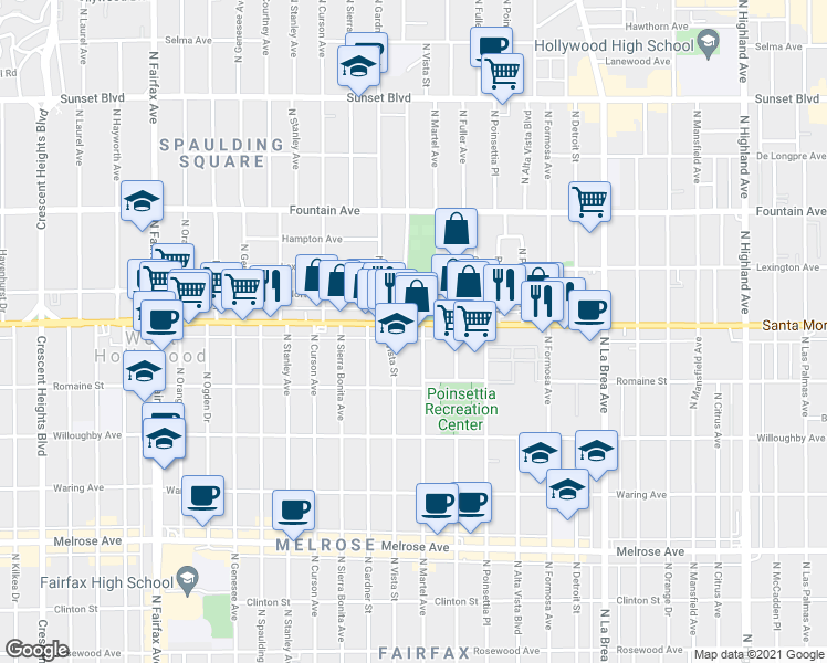 map of restaurants, bars, coffee shops, grocery stores, and more near 7404 California 2 in West Hollywood