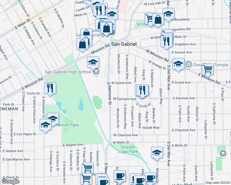map of restaurants, bars, coffee shops, grocery stores, and more near 931 Montecito Drive in San Gabriel