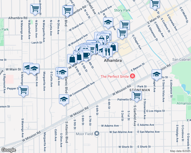 map of restaurants, bars, coffee shops, grocery stores, and more near 211 South 4th Street in Alhambra