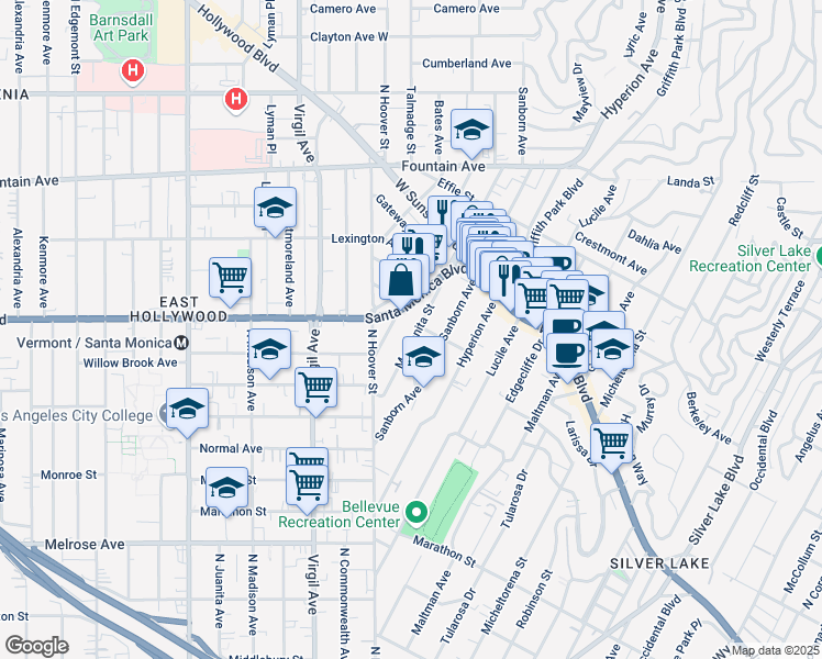 map of restaurants, bars, coffee shops, grocery stores, and more near 4019 Del Mar Avenue in Los Angeles