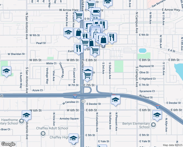 map of restaurants, bars, coffee shops, grocery stores, and more near 116 Olive Street in Upland