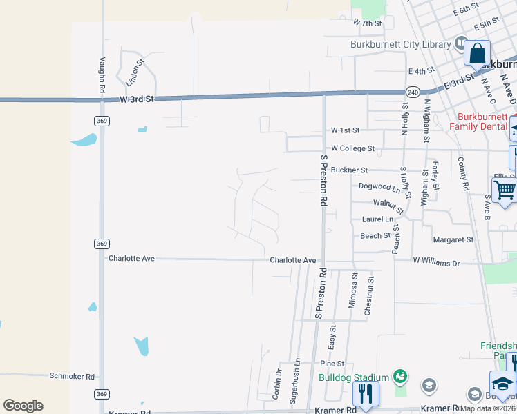 map of restaurants, bars, coffee shops, grocery stores, and more near 508 Horseshoe Lane in Burkburnett