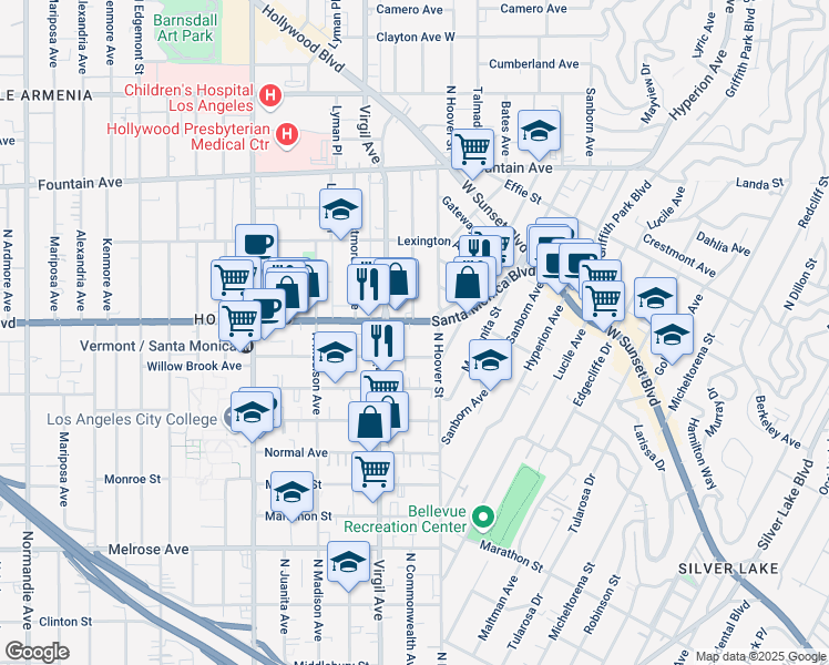 map of restaurants, bars, coffee shops, grocery stores, and more near 4424 Santa Monica Blvd in Los Angeles