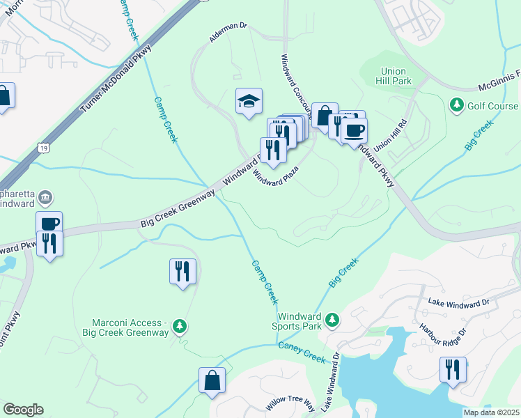 map of restaurants, bars, coffee shops, grocery stores, and more near 3025 Windward Plaza in Alpharetta