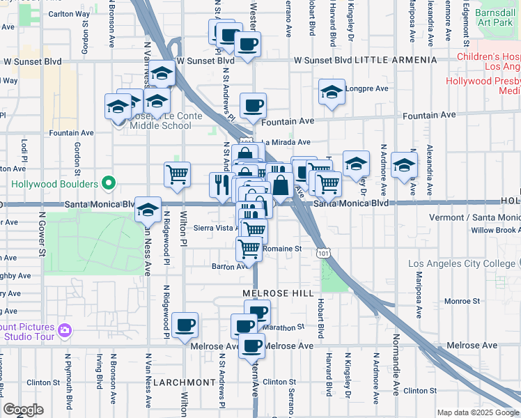 map of restaurants, bars, coffee shops, grocery stores, and more near 1111 North Western Avenue in Los Angeles