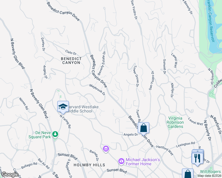 map of restaurants, bars, coffee shops, grocery stores, and more near 1265 Leona Drive in Beverly Hills