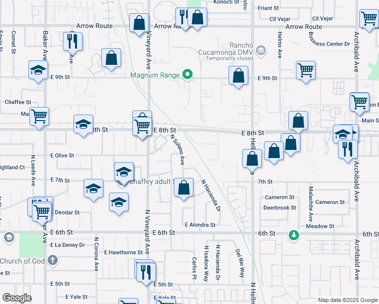 map of restaurants, bars, coffee shops, grocery stores, and more near 2031 East Olive Court in Ontario